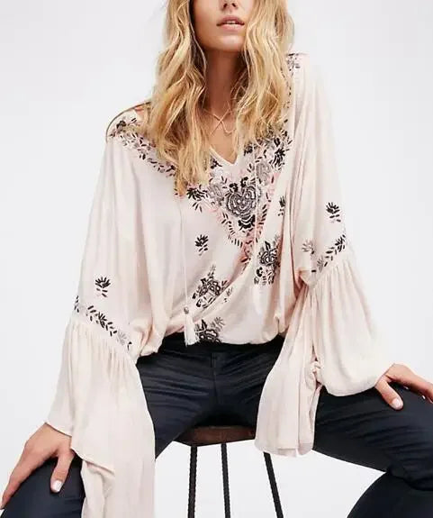 Floral Embroidered Flare Long Sleeve V-neck Casual Blouses
