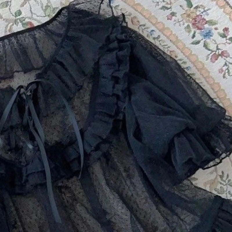 Lolita Sweet Lace Patchwork Women Blouse Japanese Y2K Aesthetic See Through Ruffled Shirt Summer Harajuku Grunge Bandage Blusas