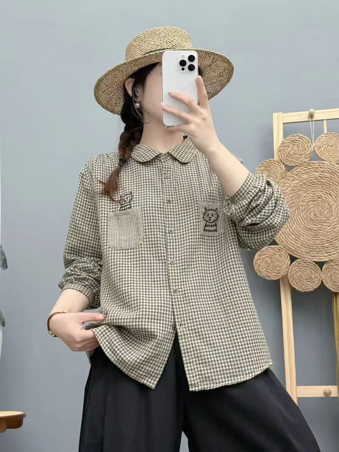 New 2025 Autumn Cotton Yarn Long Sleeve Shirt, Women Lapel Striped Embroidery, Mori Girl Fashion OL Cute Loose Blouse T58050CC