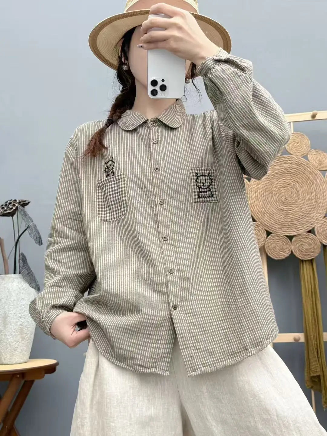New 2025 Autumn Cotton Yarn Long Sleeve Shirt, Women Lapel Striped Embroidery, Mori Girl Fashion OL Cute Loose Blouse T58050CC
