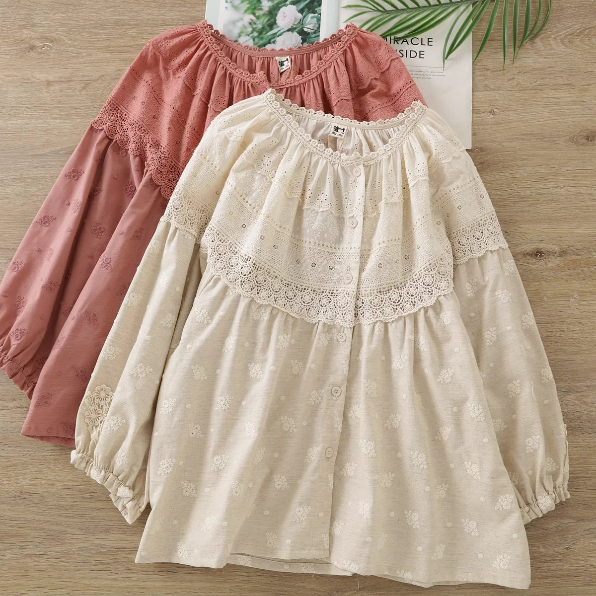 Cute clothes mori girl style Japan designer cotton lace crochet patchwork print shirts and blouses for women summer tops