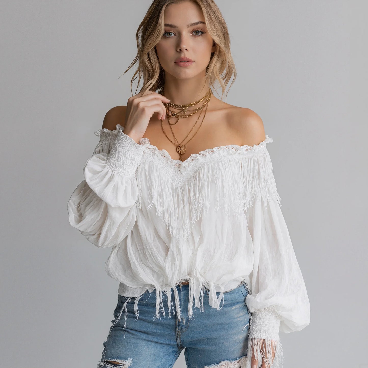 Elegant Off Shoulder Tassel Blouse for Women Blouse