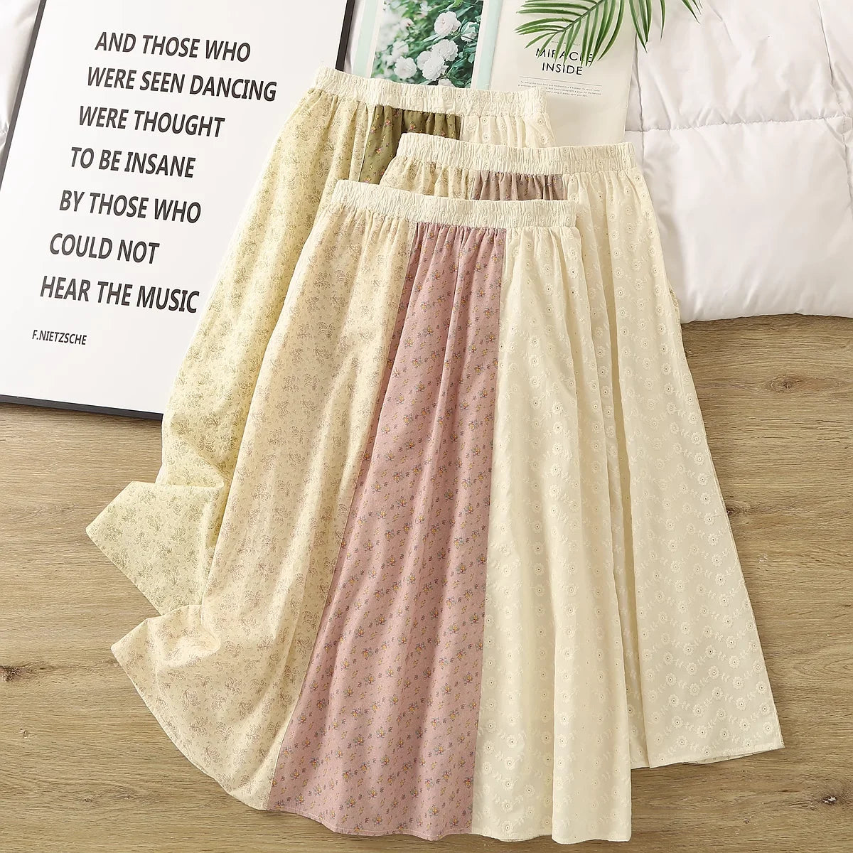 2025 Mori kei fashion elastic waist print patchwork long skirts for women rustic style 100% cotton a-line midi skirts
