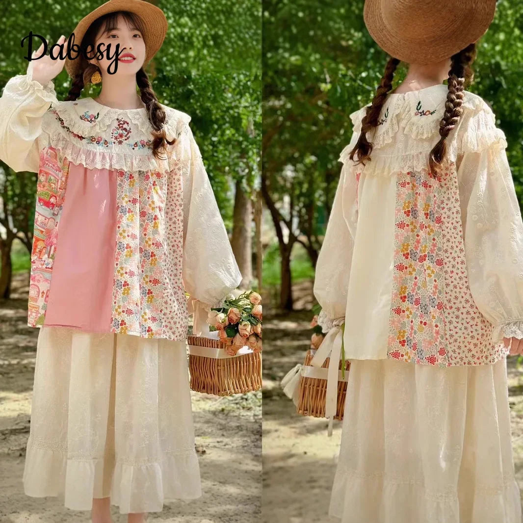 Vintage Embroidery Lace Ruffles Patchwork Shirt Women