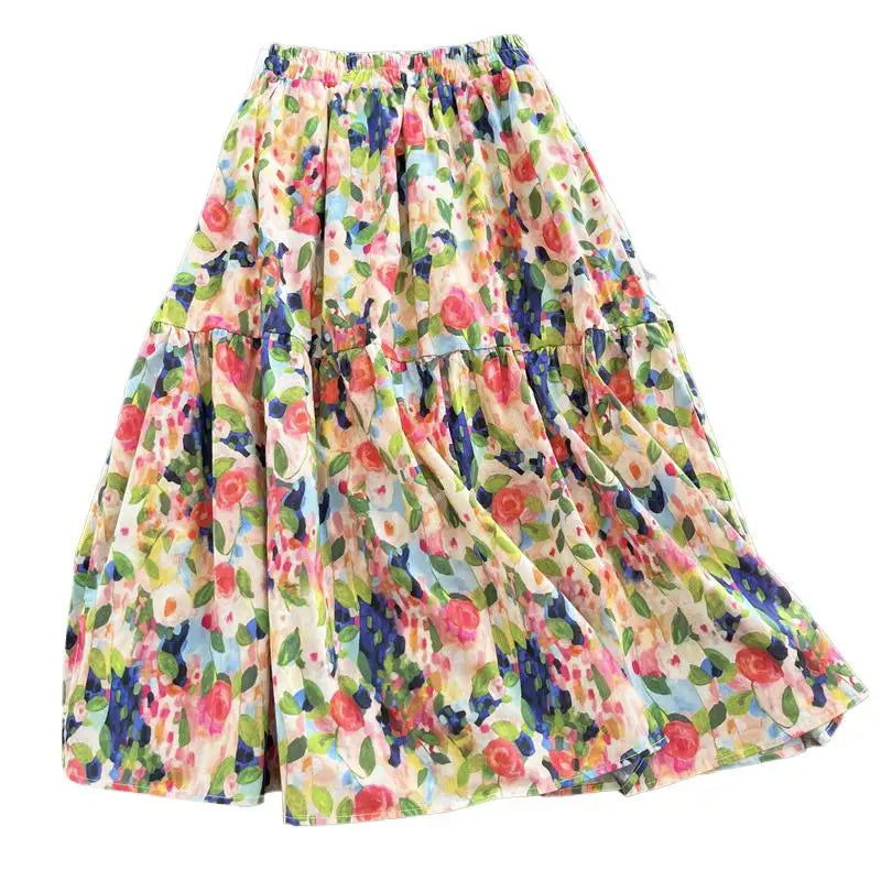 Asymmetric cake skirt бохо одежда Spring elegant long Skirts Summer Women faldas Mujer Moda Colorful floral print Cotton