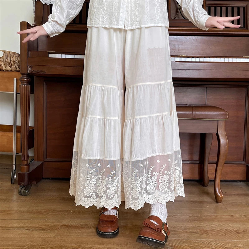 Lace Embroidery Cotton Wide Leg Pants