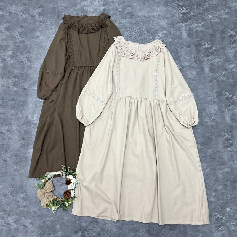 Johnature New Japanese Women Doll Dresses 2025 Autumn New Ruffles Collar Mori Cotton Linen Dress Vintage Casual Loose Dresses