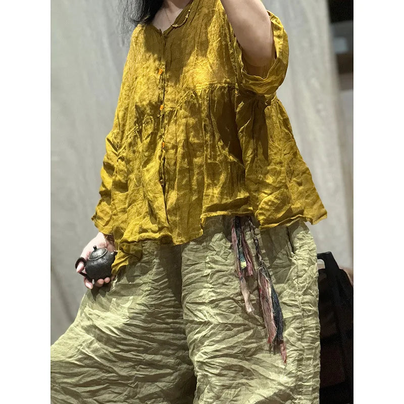 Women Loose Printed Ramie Blouse Ladies V Neck Thin Vintage Shirt 2024 Long Sleeves Cute Mori Girl Clothing Summer Blusas Mujer