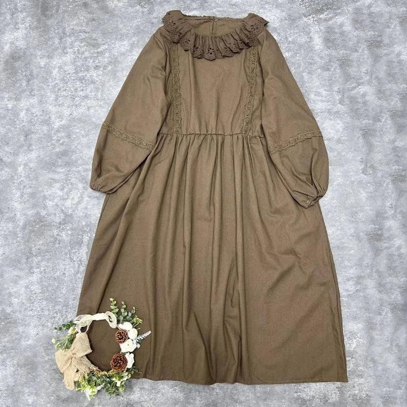 Johnature New Japanese Women Doll Dresses 2025 Autumn New Ruffles Collar Mori Cotton Linen Dress Vintage Casual Loose Dresses