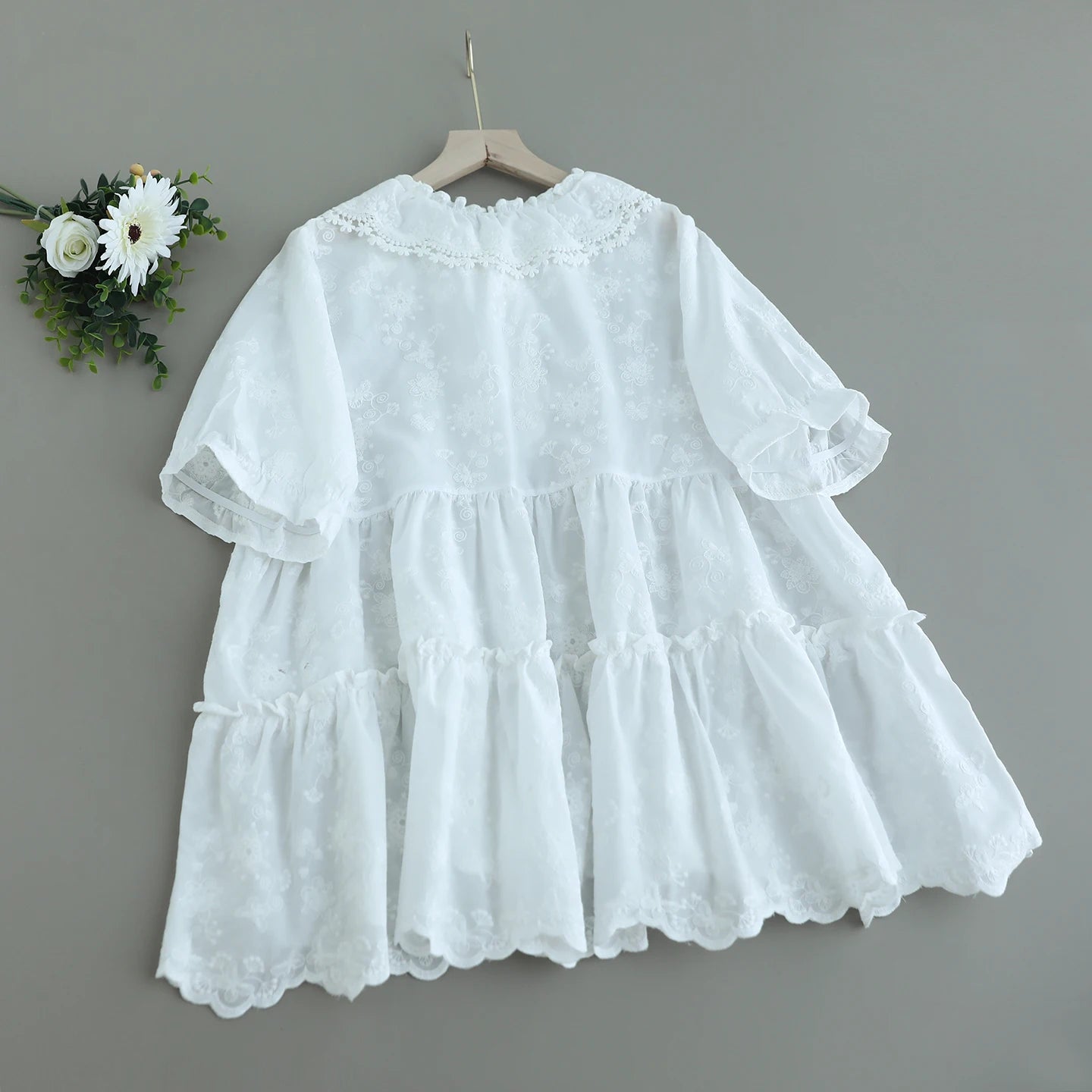 Japanese Sweet Mori Girl Embroidery Jacquard Cotton Shirts Women Summer Ruffled Lace Up Collar Short Sleeve Casual Blouse Tops