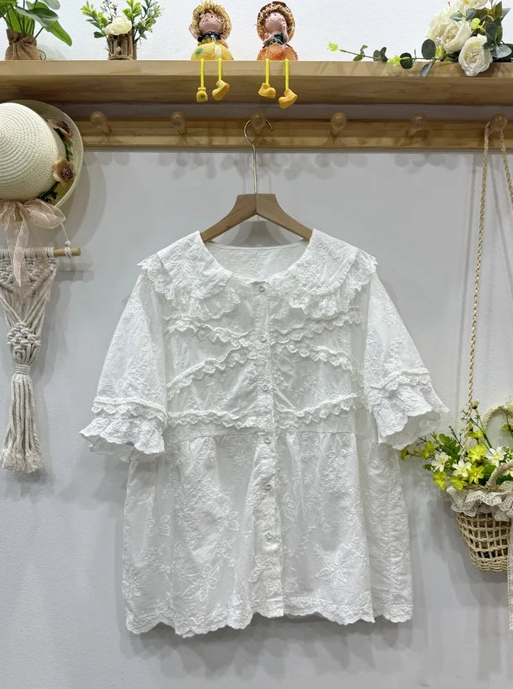 Mori kei clothing sweet lolita shirt peter pan collar short sleeve lace embroider shirts and blouses Japanese style vintage tops