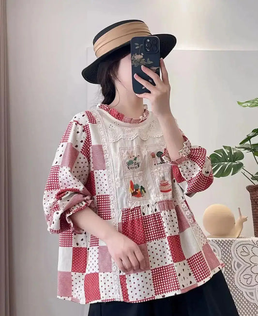 polka dot print patchwork blouse  embroidered shirts