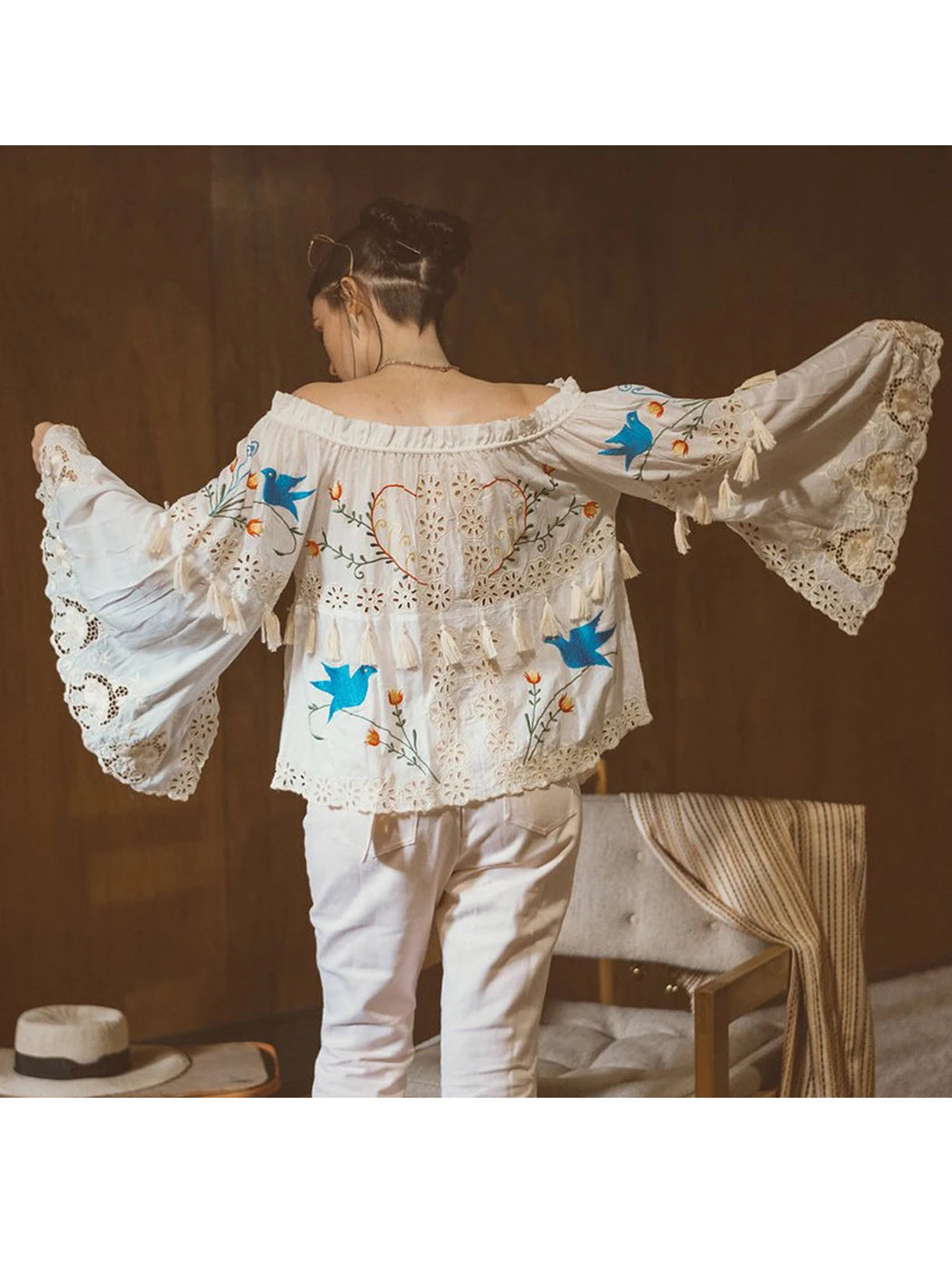 Embroidery Blouse Hollow out Tassel  Blouse