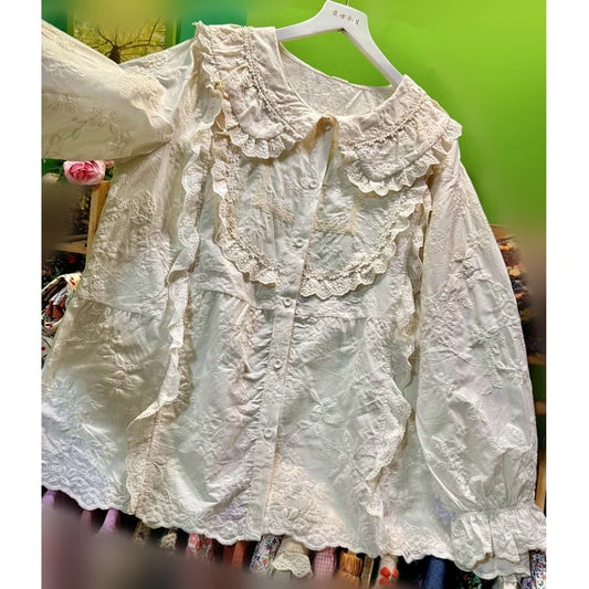 Autumn Cotton Ruffled Lace Lolita Sweet Kawaii Blouse Korean Japanese Vintage Rococo Victorian Cottagecore Mori Girl Shirt Tops