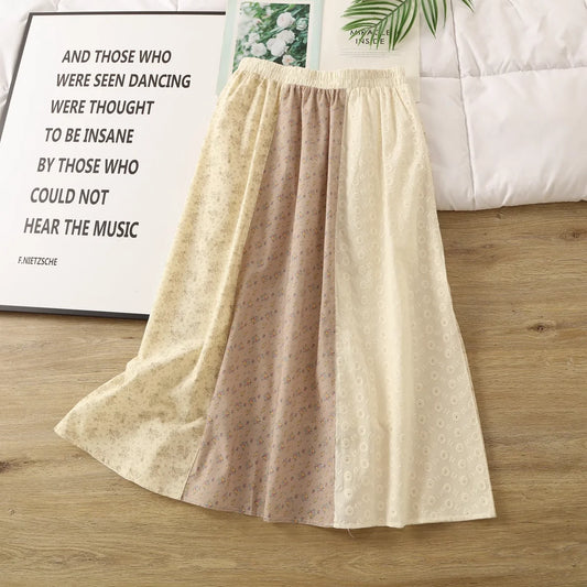 2025 Mori kei fashion elastic waist print patchwork long skirts for women rustic style 100% cotton a-line midi skirts