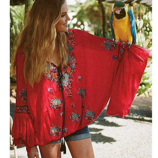Floral Embroidered Flare Long Sleeve V-neck Casual  Blouses