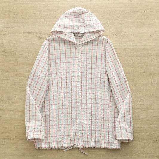 New 2025 Autumn Bubble Cotton Hooded Shirt, Women Long Sleeve Plaid, Mori Girl Casual Versatile Sunscreen Loose Blouse T57448CC