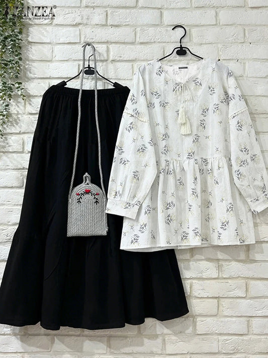 ZANZEA 2025 Autumn Long Dress Sets Women Tassel Blouse Skirts Fashion Long Sleeve Suits Casual Loose Printed Matching Sets