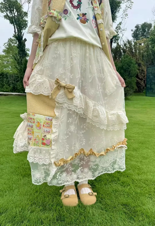 Yellow Lace Cotton  Long Skirts