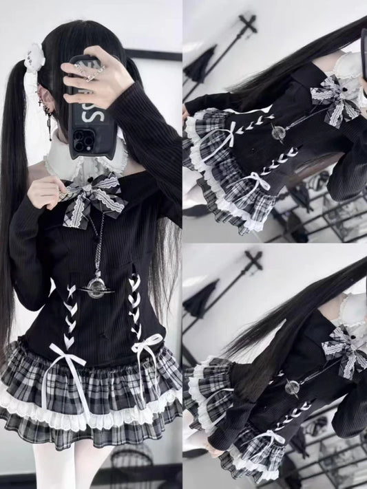 2-piece  Bow Long Sleeve Suit  Knit Outfit