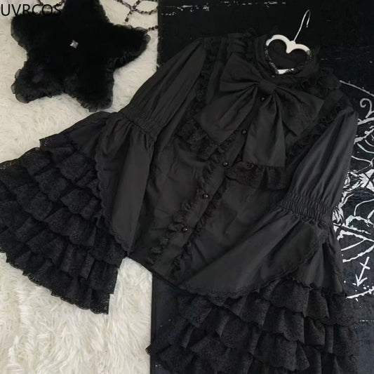 Japanese Sweet Cute Lolita Flare Sleeve Bow Shirts Women Y2k Aesthetic Lace Patchwork Blouse Kawaii Girl Loose Blusas Mujer Tops