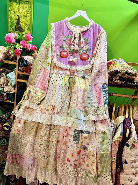 Cotton Patchwork Ruffle Lace Long Dress