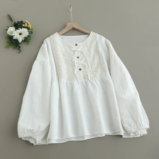 Spring New Japanese Vintage Mori Girl Floral Printed Lace Patchwork Shirts Women Half Open Collar Bow Long Sleeve Casual Blouse