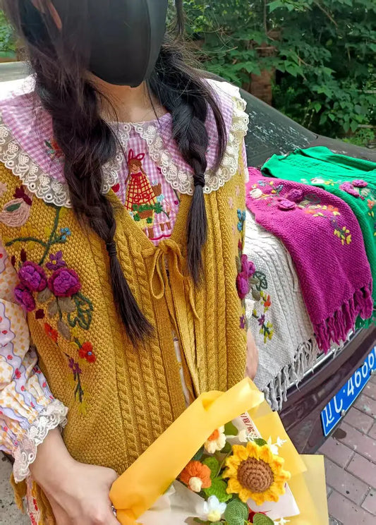 Women's Knit Vest Mori Girl Japan Style Kawaii Patch Sleeveless Vest Sweaters V Neck Sleeveless Knitting Cardigan
