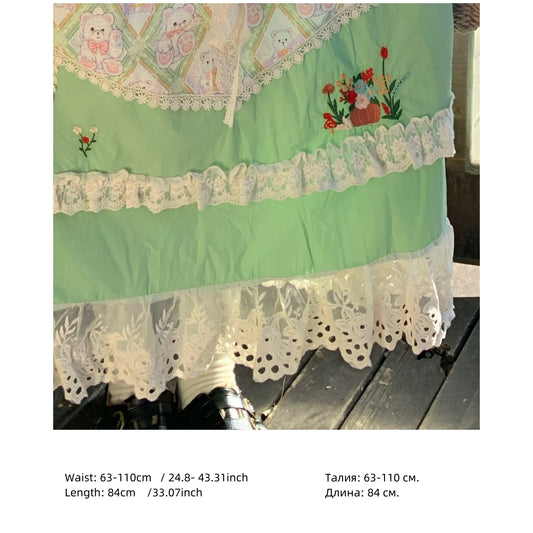 Patchwork Ruffled Lace Embroidery Green Long Skirt