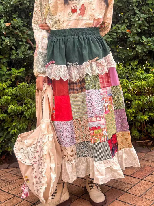 Patchwork Ruffled Lace Long Skirt