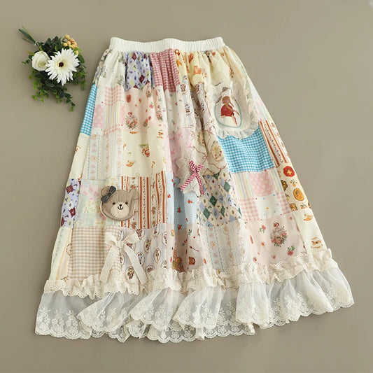 Bear Lace Patchwork A-Line  Skirt