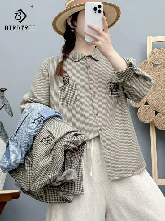 New 2025 Autumn Cotton Yarn Long Sleeve Shirt, Women Lapel Striped Embroidery, Mori Girl Fashion OL Cute Loose Blouse T58050CC