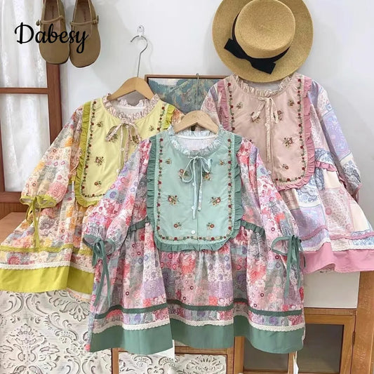Vintage French Floral Print Kawaii Shirt Women Japan Mori Style Lace-up Patchwork Loose Blouse Female Summer Casual Cotton Tops