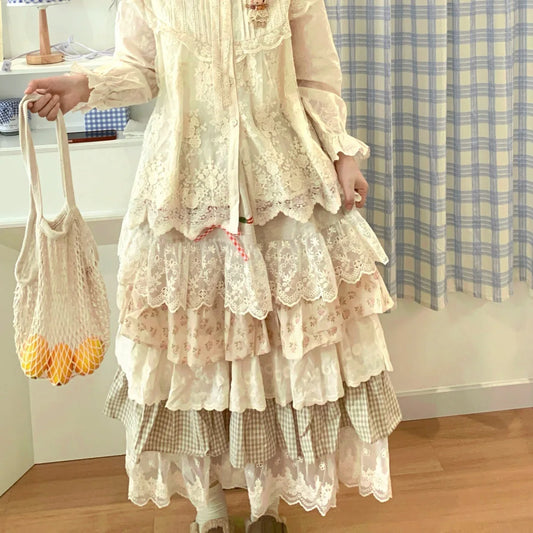 Vintage Kawaii Lolita Cake Long Skirt Women Sweet Japanese Style Lace Ruffled Patchwork High Waist Party Skirt Faldas Mujer Moda