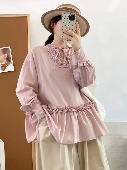 New 2025 Autumn Cotton Long Sleeve Shirt, Women Stand Ruffles Lace-up, Mori Girl French Retro Sweet Loose Doll Blouse T59946CC