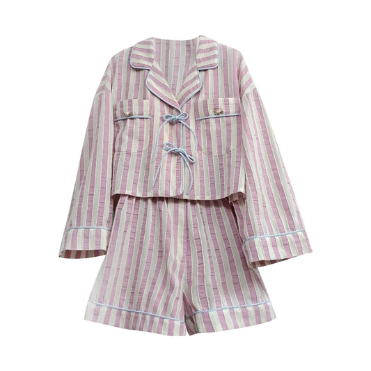2 Piece Vintage Oufits Indie Graphic Print Front Tie Up Bowknot Full Sleeve Blouse T-shirt + Shorts Fairy Cottage Y2K Streetwear