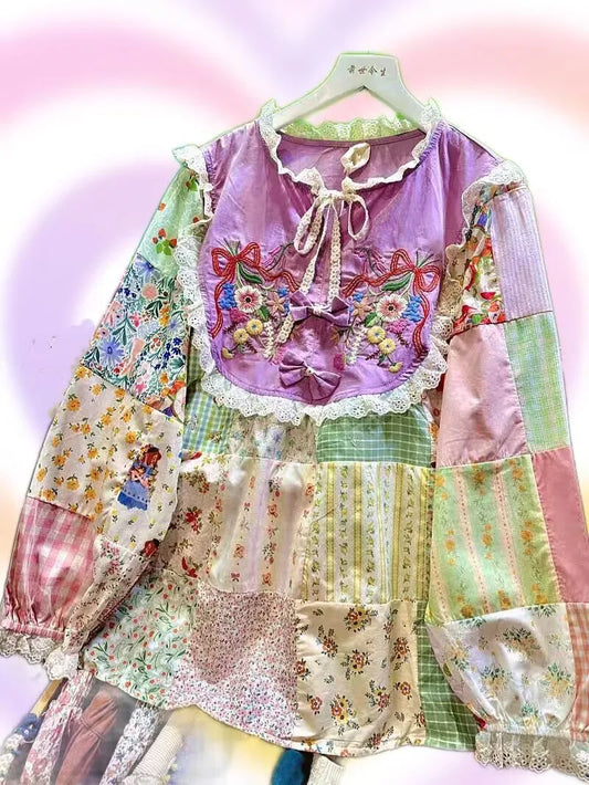Vintage Cotton Lace Floral Embroidery Patchwork Blouse