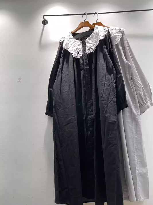 Bust 138cm Mori kei clothing Japanese style pure cotton lace collar black dress for women autumn vintage long dress