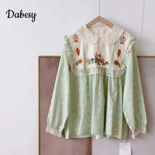 Japanese Patchwork Lolita Blouses Women Vintage Lace Ruffled Peter Pan Collar Kawaii Shirt Sweet Mori Puff Sleeve Blusas Mujer
