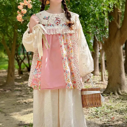 Vintage Embroidery Lace Ruffles Patchwork Shirt Women