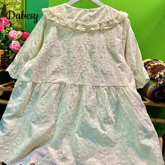 Sweet Lace Ruffled Shirts Women Vintage Embroidery Peter Pan Collar Kawaii Blouse Summer Japan Mori Girl Short Sleeve Loose Tops