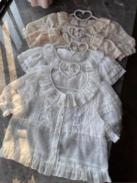 Chiffon Shirts  Vintage Lace Ruffles Bow Blouse