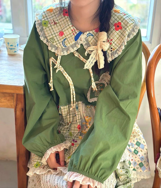 Patchwork Green Cotton Linen Lace Ruffle Doll Collar  Top