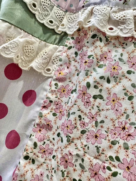Patchwork Cotton Linen Ruffled Lace Embroidery  Long Dress