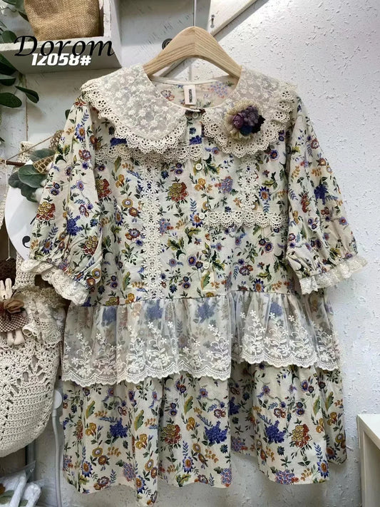 Vintage Mori Kei Flower Shirts for Women, Japanese Style Lace, Peter Pan Collar, Patchwork Blouse for Female, Casual Kawaii Tops