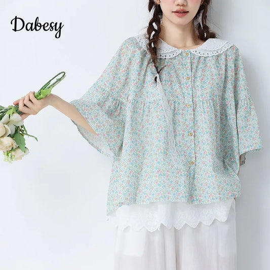 Vintage Flower Embroidery Lace-up  Blouse