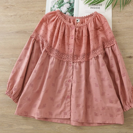 Cute clothes mori girl style Japan designer cotton lace crochet patchwork print shirts and blouses for women summer tops