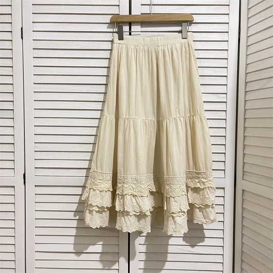Women Bohemian Elastic High Waist Long Skirt Mori Kei 100% Cotton Lace Embroidery Beige Midi Skirt Boho Clothing
