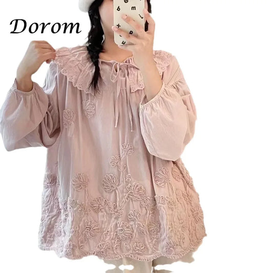 Vintage Embroidery Flower Cotton Linen Shirts Women Spring Summer Japanese Mori Ruffled Lace-up Long Sleeve Blouse Casual Tops