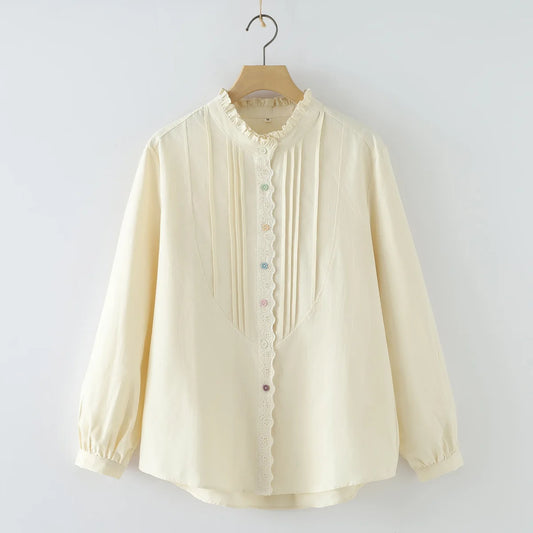 New 2025 Autumn Cotton Long Sleeve Shirt, Women Stand Ruffles Patchwork, Mori Girl Folds Temperament Chic Loose Blouse T59125CC